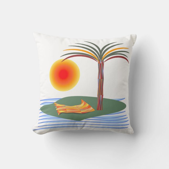 Bright Tropical Palm Tree, Sun and Waves Throw Pillow (Front)
