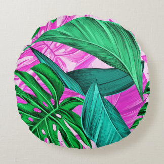 Bright Tropical Pink and Green Leaves Round Pillow