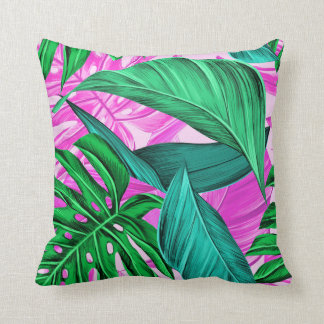 Bright Tropical Pink and Green Leaves Throw Pillow