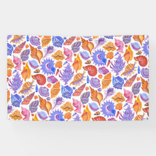 Bright tropical seashell, hand-drawn pattern banner
