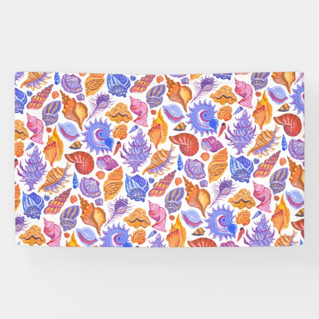 Bright tropical seashell, hand-drawn pattern banner (Horizontal)