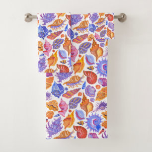 Bright tropical seashell, hand-drawn pattern bath towel set