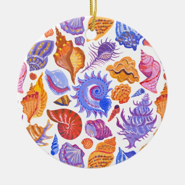Bright tropical seashell, hand-drawn pattern ceramic ornament (Front)
