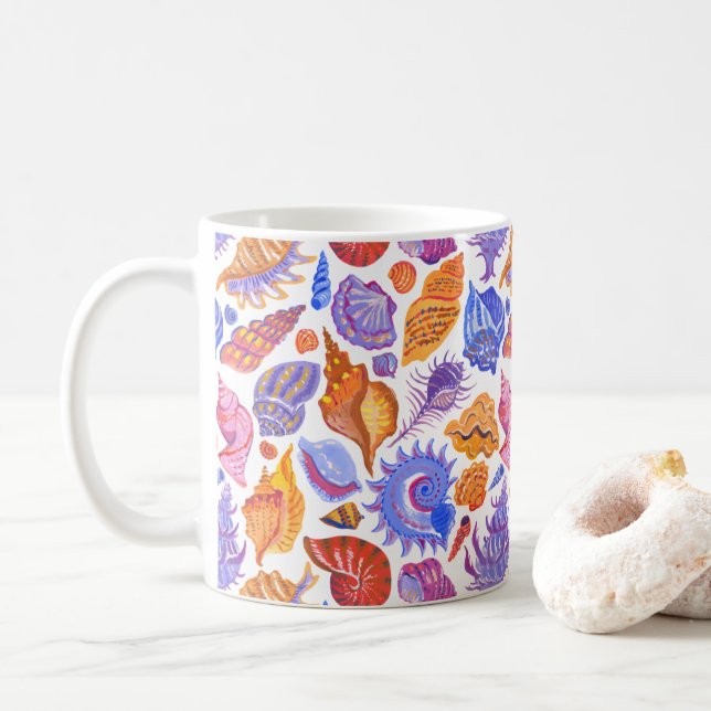 Bright tropical seashell, hand-drawn pattern coffee mug (With Donut)