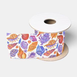 Bright tropical seashell, hand-drawn pattern satin ribbon
