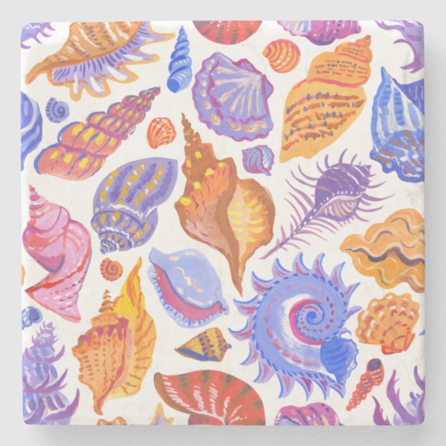 Bright tropical seashell, hand-drawn pattern stone coaster (Front)