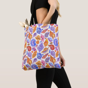 Bright tropical seashell, hand-drawn pattern tote bag