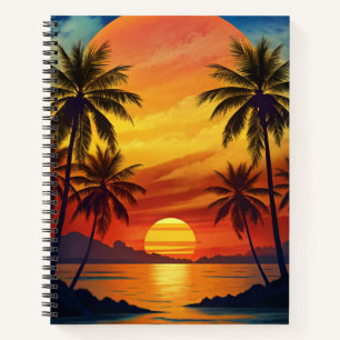 BRIGHT TROPICAL SUNSET VIEW WITH PALM TREES NOTEBOOK