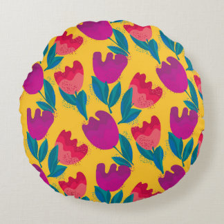 Bright Tulip Flowers: Elegant Seamless Round Pillow