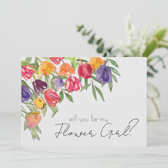 Bright Tulips and Greenery Flower Girl Proposal  Invitation (Standing Front)