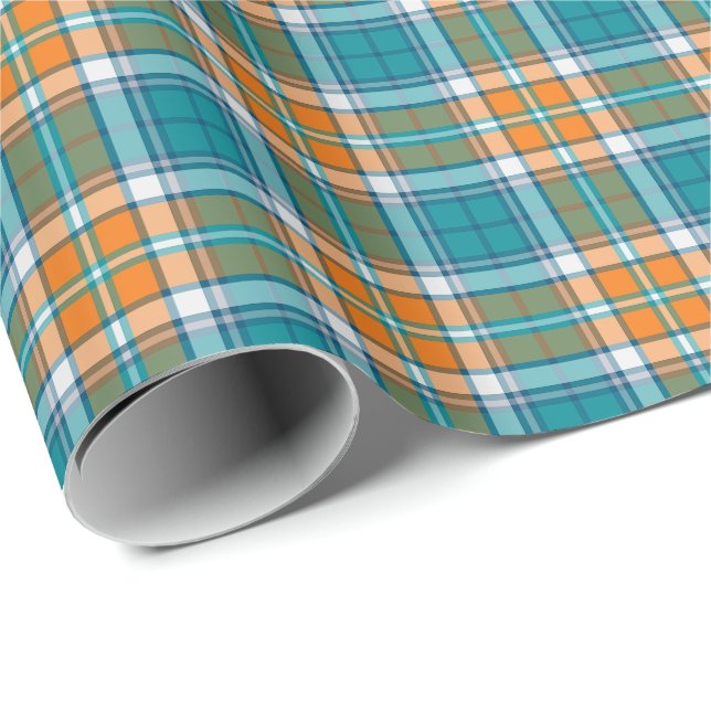 Bright Turquoise and Orange Sporty Plaid Pattern Wrapping Paper (Roll Corner)