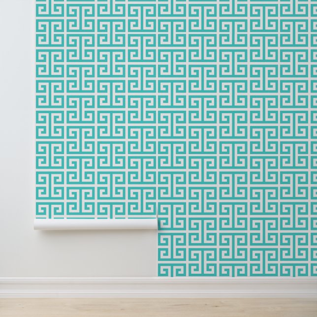 Bright Turquoise and White Greek Key Wallpaper (Application)