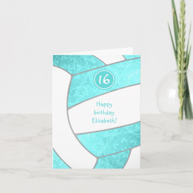 bright turquoise artsy girly volleyball birthday card (Front)