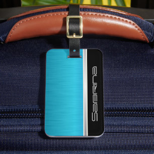 Bright Turquoise Blue Brush Steel and Silver Print Luggage Tag