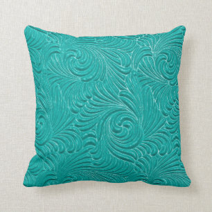 Bright Turquoise Embossed Floral Damasks Throw Pillow