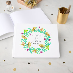Bright Turquoise Floral Wreath Botanical Wedding Guest Book