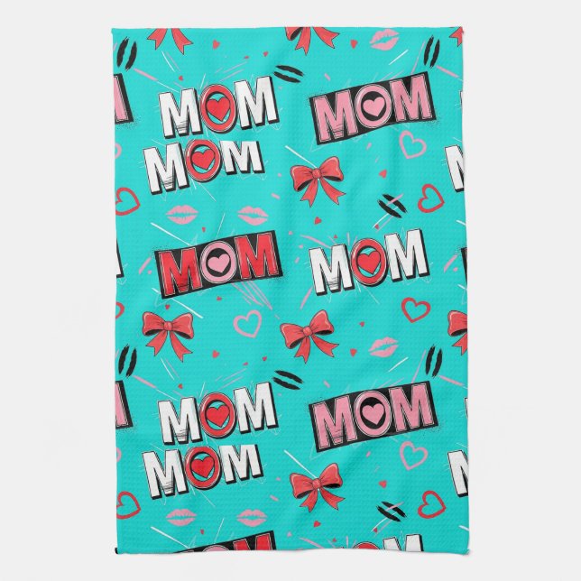 Bright Turquoise MOM Hearts Bows Pop Pattern Kitchen Towel (Vertical)