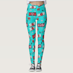 Bright Turquoise MOM Hearts Bows Pop Pattern Leggings