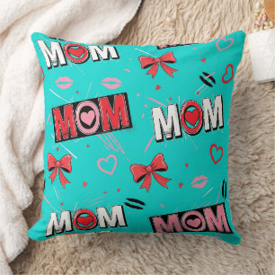 Bright Turquoise MOM Hearts Bows Pop Pattern Throw Pillow