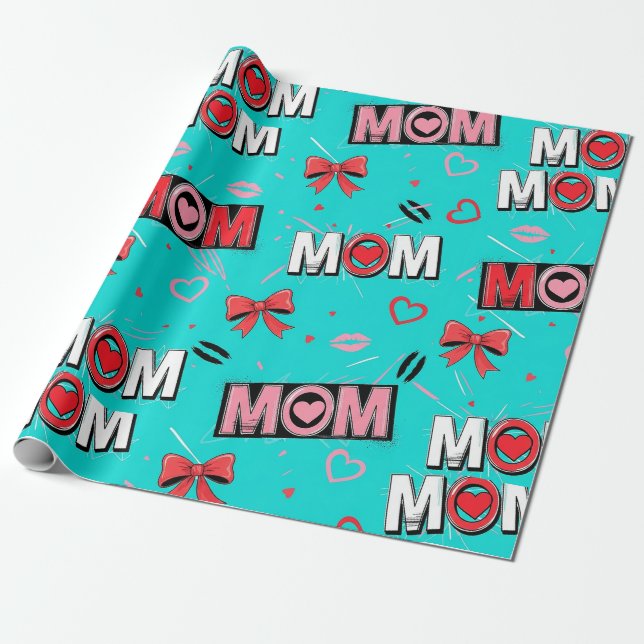Bright Turquoise MOM Hearts Bows Pop Pattern Wrapping Paper (Unrolled)