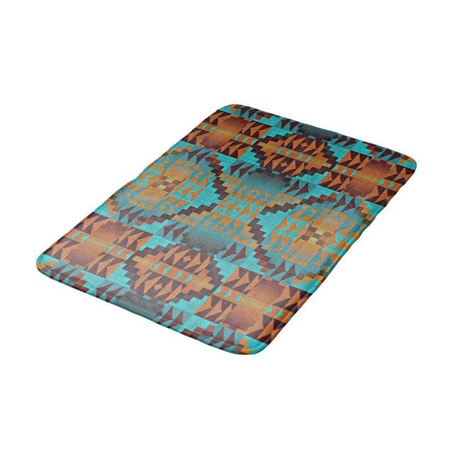 Bright Turquoise Teal Aqua Blue Orange Tribal Art Bath Mat (Angled)