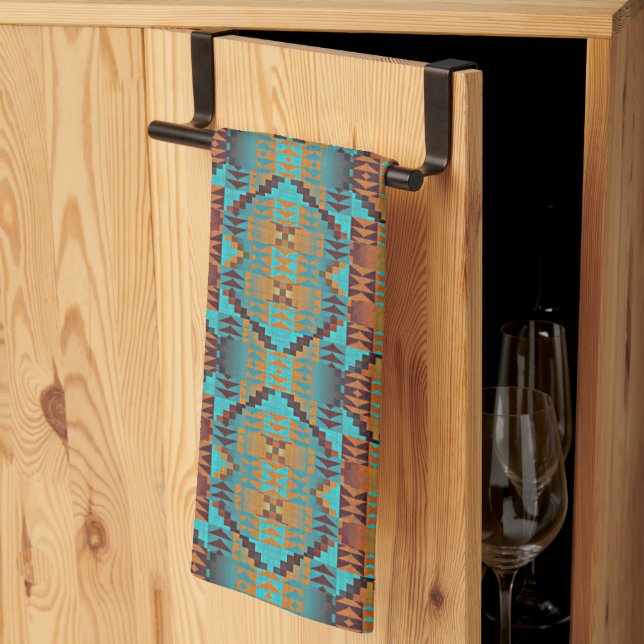 Bright Turquoise Teal Aqua Blue Orange Tribal Art Kitchen Towel (Thirds Fold)