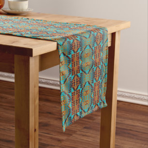 Bright Turquoise Teal Aqua Blue Orange Tribal Art Medium Table Runner