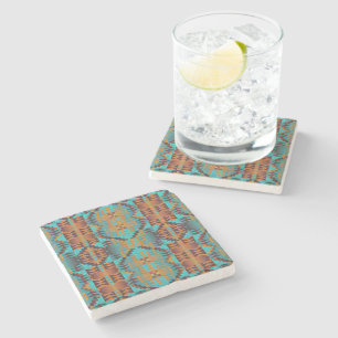 Bright Turquoise Teal Aqua Blue Orange Tribal Art Stone Coaster