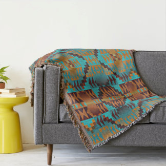 Bright Turquoise Teal Aqua Blue Orange Tribal Art Throw Blanket