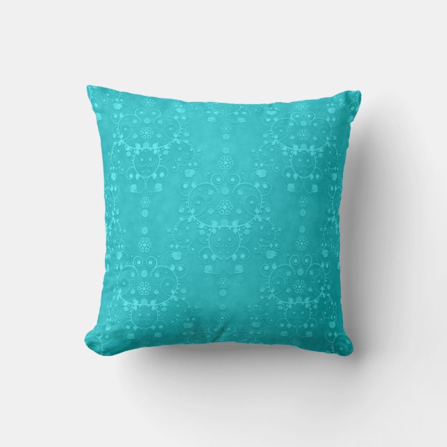 Bright Turquoise Teal Aqua Damask Pattern Throw Pillow (Front)
