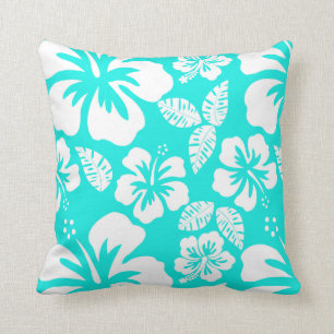 Bright Turquoise Tropical Hibiscus Throw Pillow