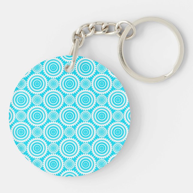 Bright Turquoise White Geometric Circles Pattern Keychain (Back)