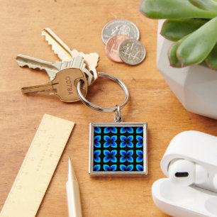 Bright Two Toned Blue Flower Pattern Keychain
