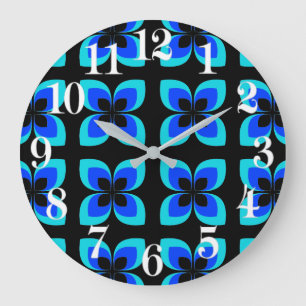 Bright Two Toned Blue Flower Pattern Large Clock