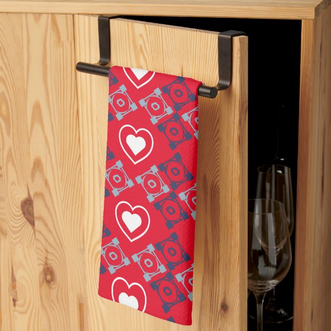 Bright Valentines Hearts Pattern Red  Teal Kitchen Towel (Thirds Fold)