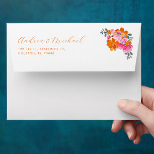 Bright Vibrant Garden Pink & Orange Floral Wedding Envelope