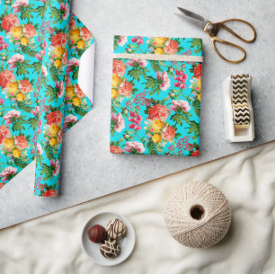 BRIGHT VINTAGE FLORAL BLOOMS ON AQUA WRAPPING PAPER