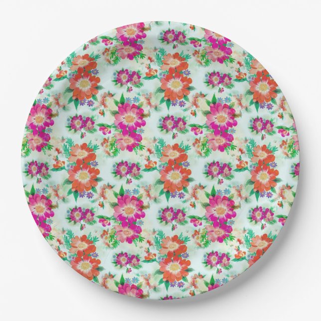 Bright Vintage Floral Pattern Paper Plate (Front)