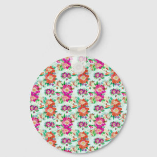 Bright Vintage Floral Pink and Red Flowers Keychain