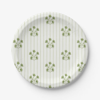 Bright Vintage Green Flower Stripes Paper Plate