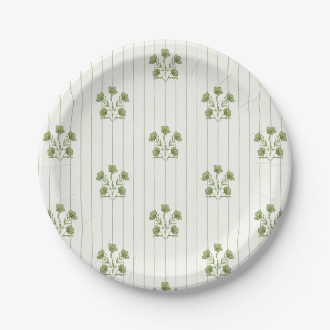 Bright Vintage Green Flower Stripes Paper Plate (Front)