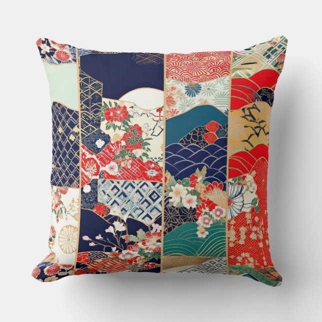 Bright Vintage Japanese Kimono Patchwork Throw Pillow (Front)