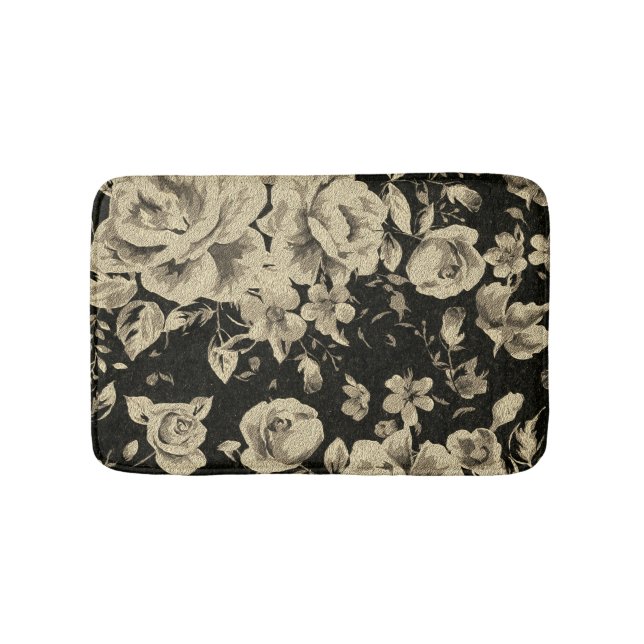 Bright vintage oil flowers on black   bath mat (Front)