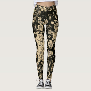 Bright vintage oil flowers on black leggings