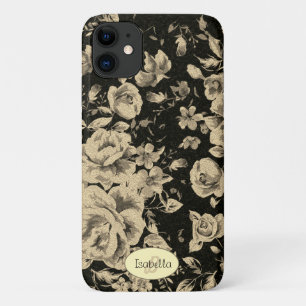 Bright vintage oil flowers on black Monogram iPhone 11 Case