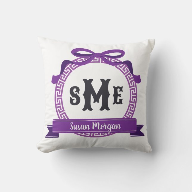 Bright Violet Purple Greek Key Bow Monogram Throw Pillow (Front)