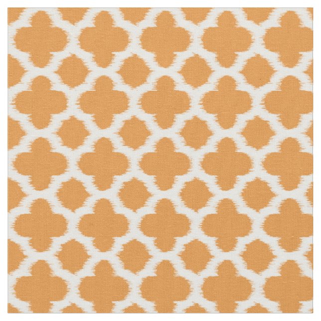 Bright Vivid Orange White Ikat Quatrefoil Pattern Fabric (Close Up)