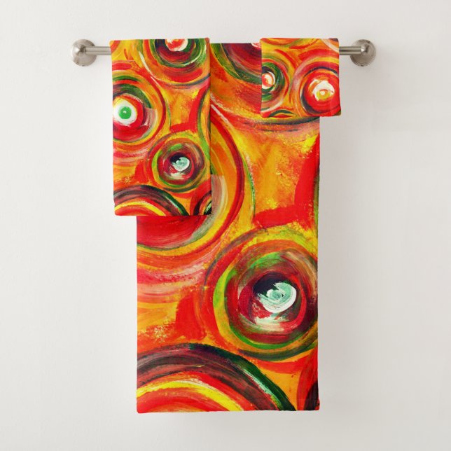 Bright Warm Circles and Swirls Original Abstract Bath Towel Set (Insitu)