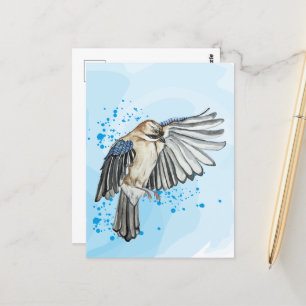 Bright watercolor blue jay postcard