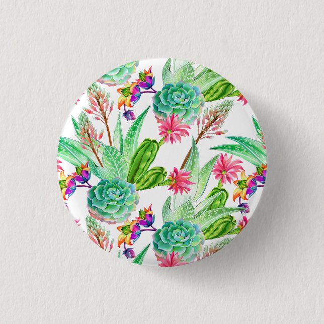 Bright Watercolor Cactus & Succulent Pattern 1 Inch Round Button (Front)